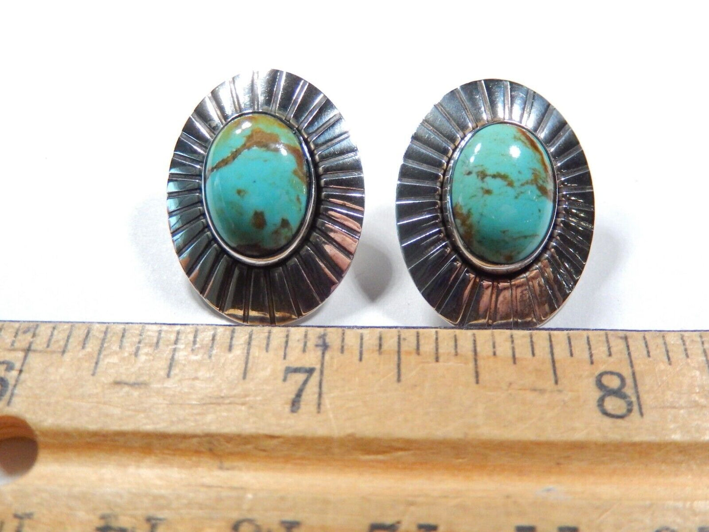 *VINTAGE*  Native American Sterling Silver Turquoise Post Earrings 1" x 3/4"