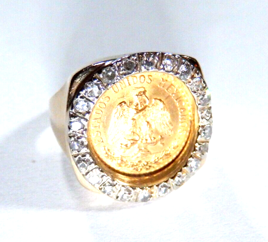 Stamped 14K Gold  Diamond Ring w 90 1945 Dos Pesos Mexican Gold Coin Size 4