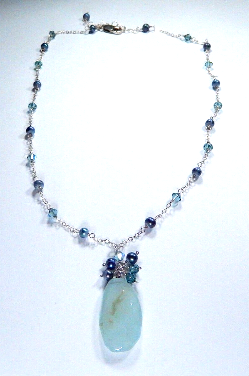 *VINTAGE*  Sterling Silver JADE-PEARL-BLUE CRYSTAL Beaded Necklace 18" Length