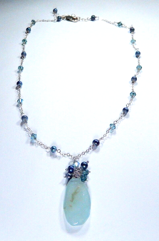 *VINTAGE*  Sterling Silver JADE-PEARL-BLUE CRYSTAL Beaded Necklace 18" Length
