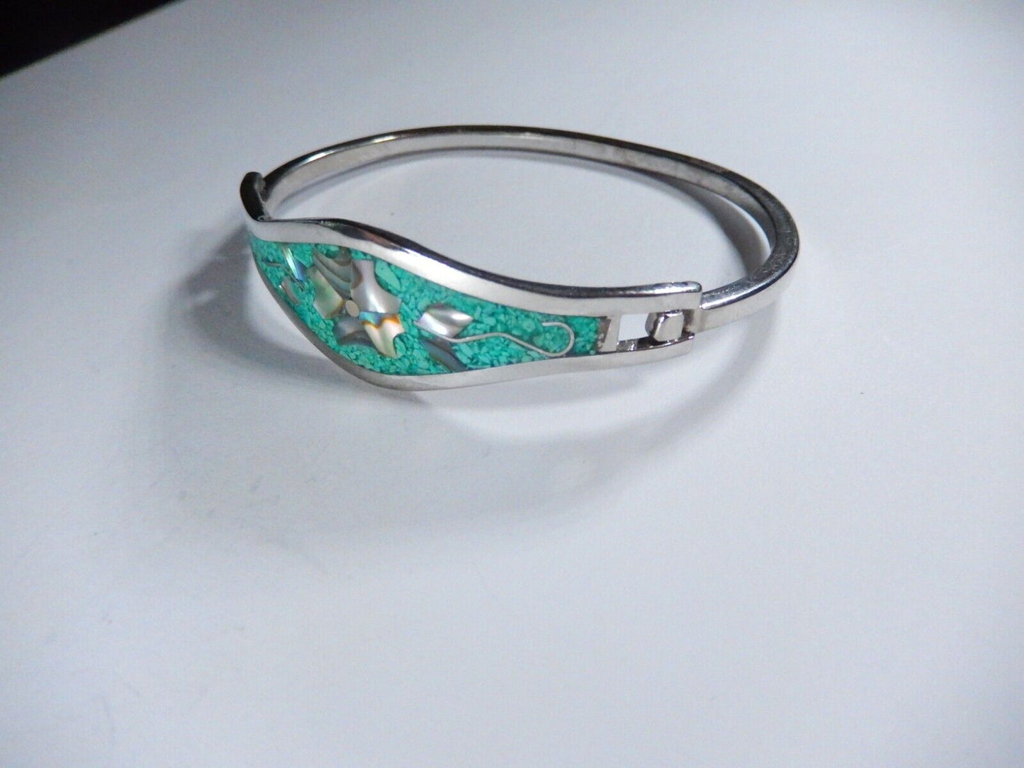 Alpaca Mexico Silver Abalone Inlay Lavender Tulip Blue/Green Cuff Bracelet