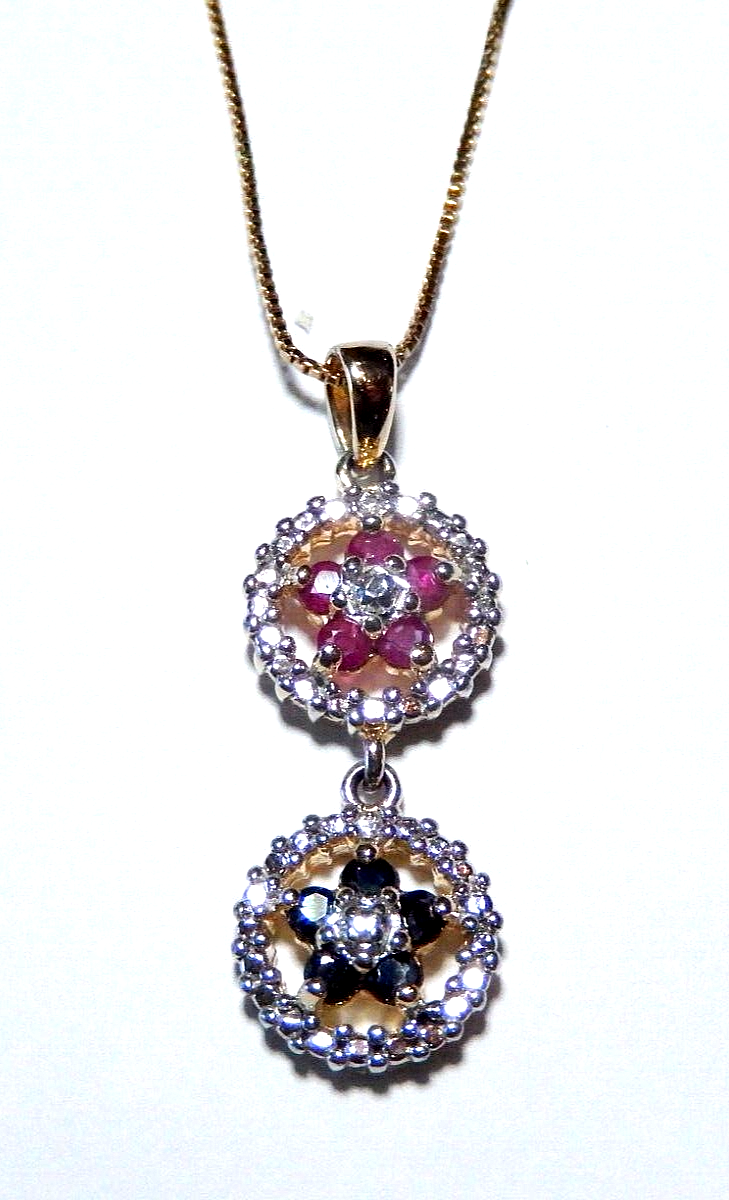 VINTAGE Gold Vermeil Ruby  Sapphire  Diamond Halo Pendant w18 chain