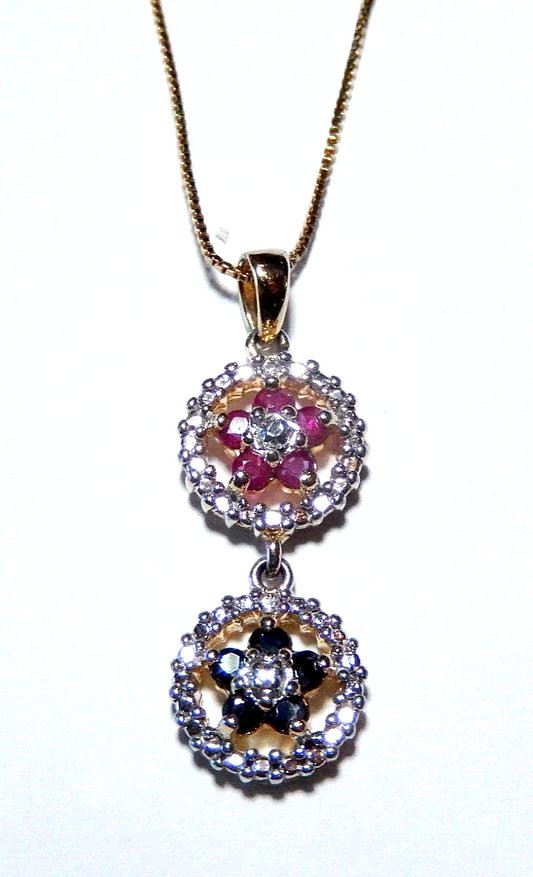 VINTAGE Gold Vermeil Ruby  Sapphire  Diamond Halo Pendant w18 chain