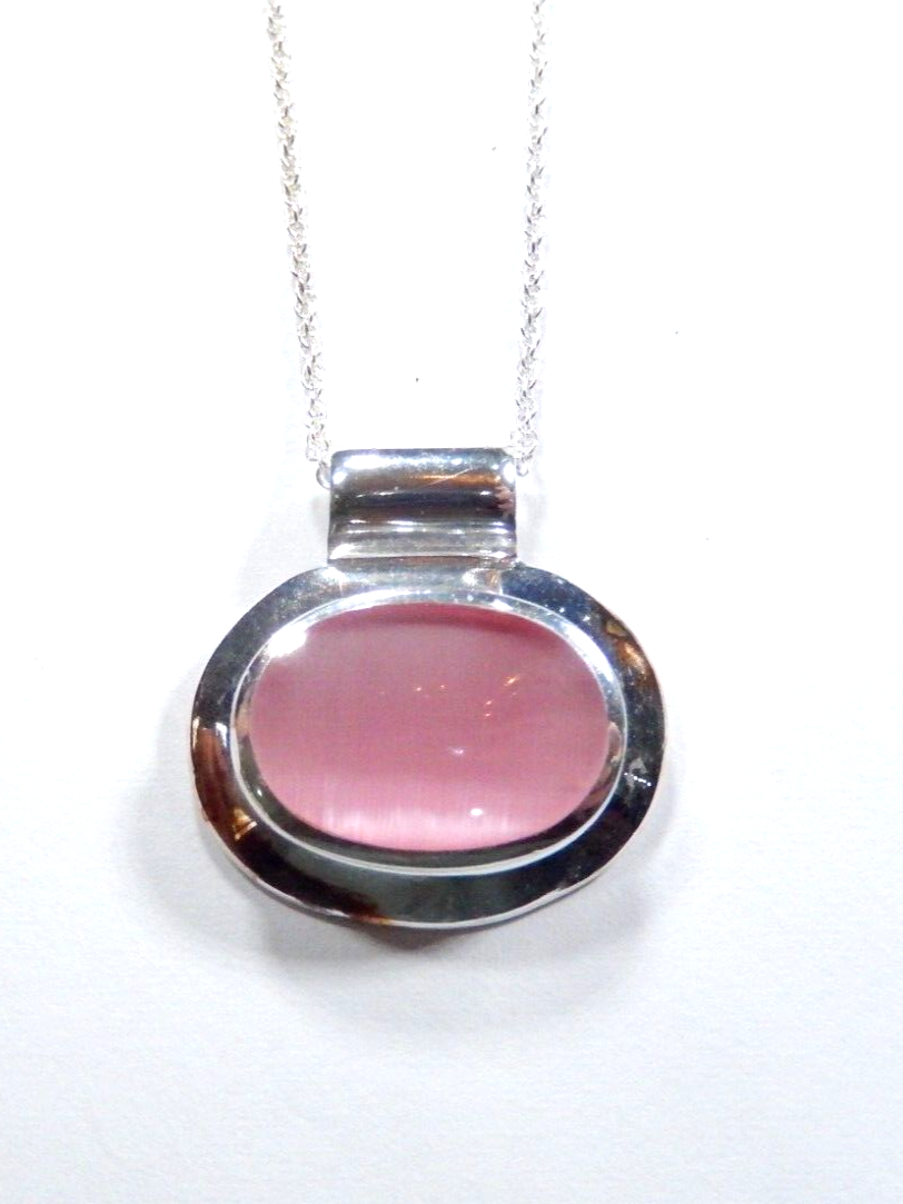 Genuine 925 Sterling Silver Dazzling Pink Chalcedony Pendant w/18" Ster. Chain