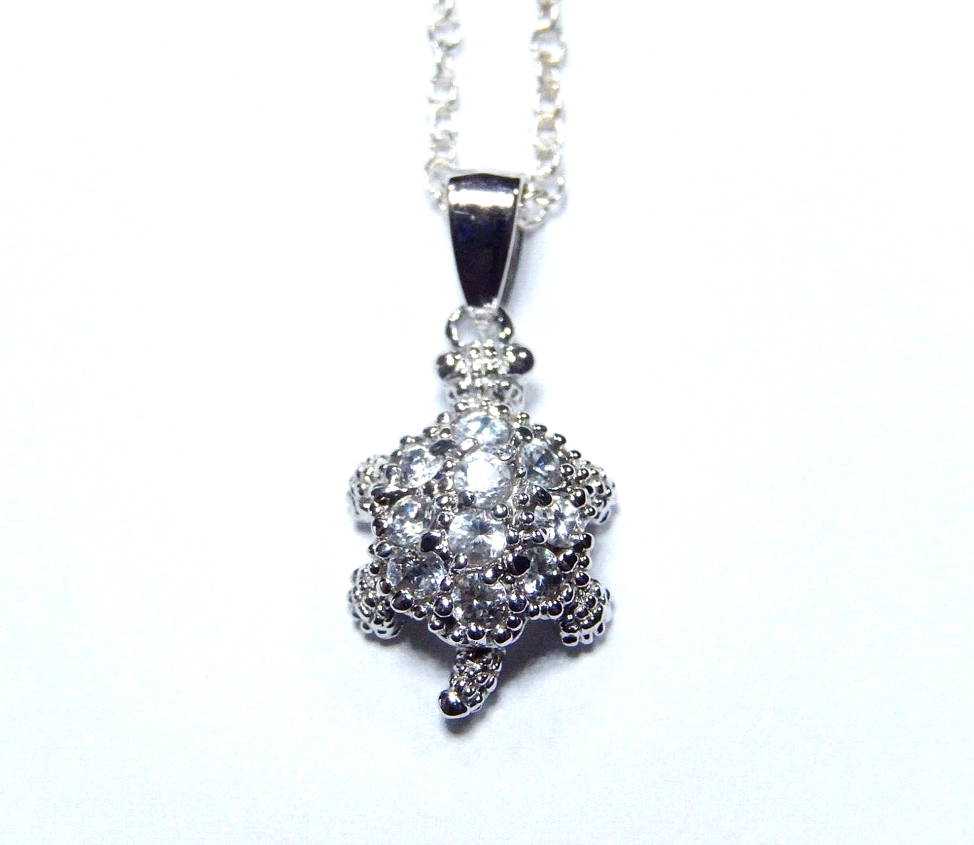 Sterling Silver CZ Stones Turtle Pendant with 18" Chain