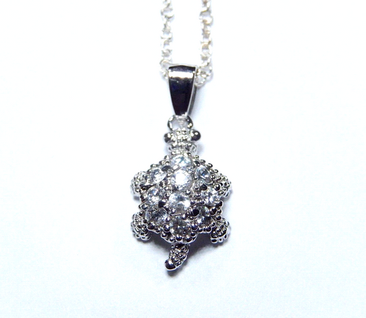 Sterling Silver CZ Stones Turtle Pendant with 18" Chain