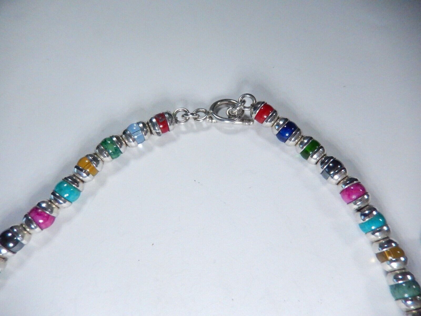 *VINTAGE* Multi Gemstone Beads w/ Sterling Bead Caps &Toggle Clasp Necklace 18"