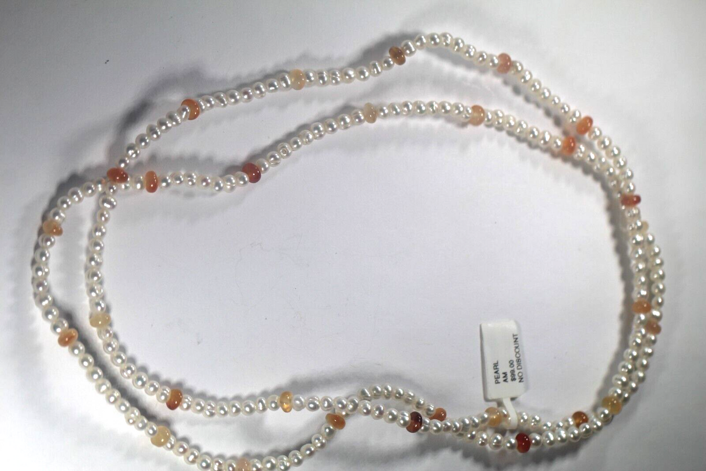 *NEW* Long 36" Real 4-5mm White Baroque Pearl & Orange Gemstone Beads Necklace