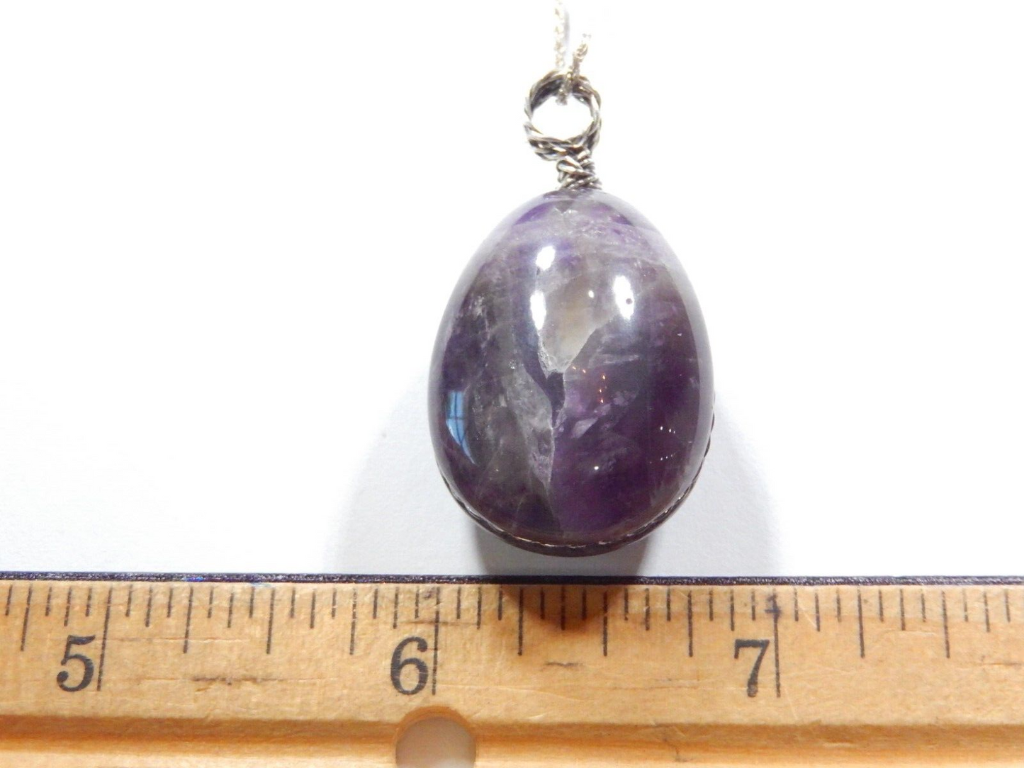 Handmade Large Amethyst Gemstone Sterling Wire Wrapped Pendant w/16" Rope Chain