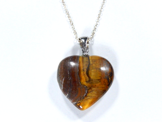 Sterling Silver Natural Tiger Eye Heart Shape Gemstone Pendant With 18" Chain