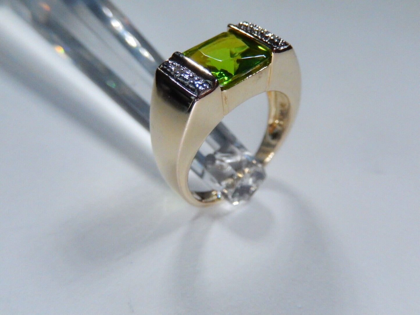 ROSS SIMONS GREEN PERIDOT GOLD VERMEIL DIAMOND STERLING SILVER RING Sz 7