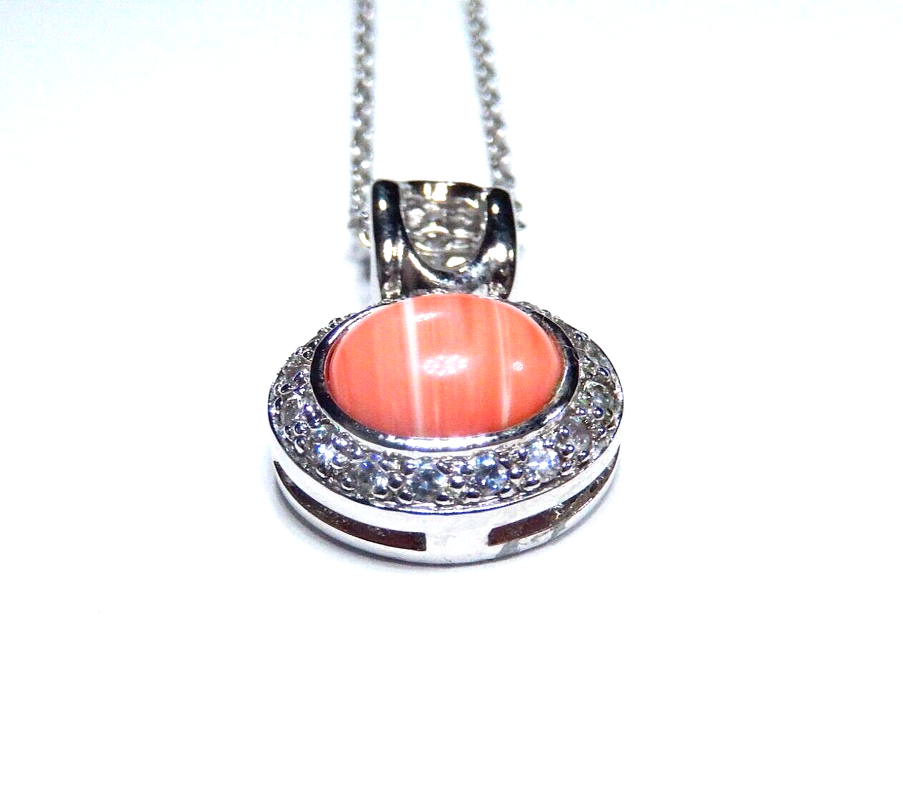 925 Sterling Silver Oval 8x10mm Pink Coral with 23 CZ's Halo Pendant & 18" Chain