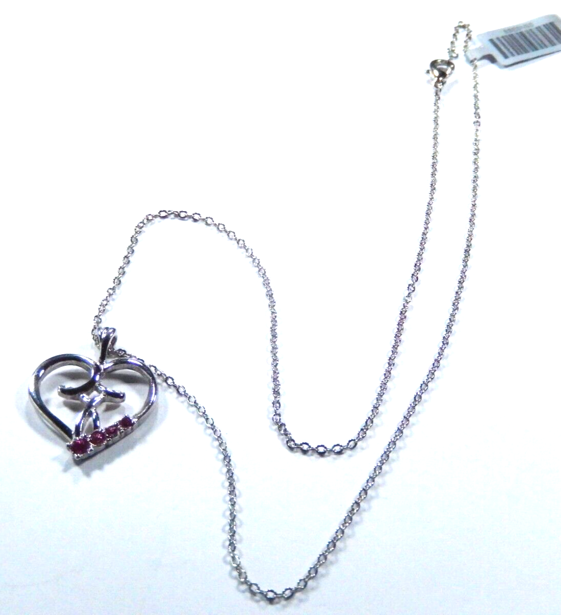 SILVERTONE 18" CHAIN NECKLACE With CAMCO SIGNED HEART Pendant Pink Gemstone.