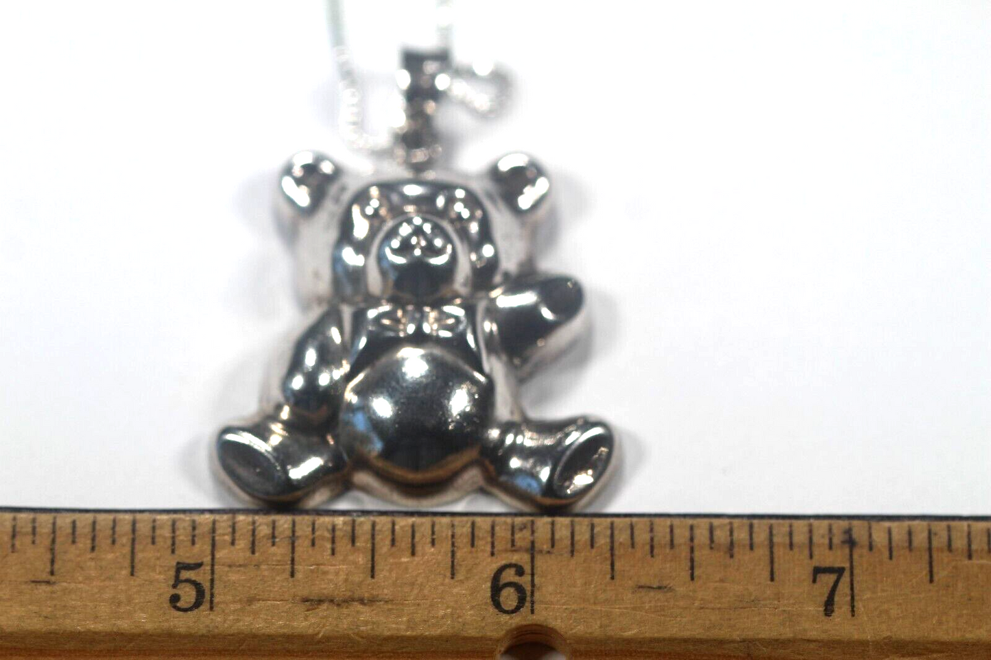 *VINTAGE* Sterling Silver Puffy Teddy Bear with Bow Tie Hollow Pendant w/20"Chai