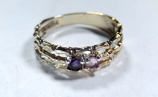 *VINTAGE*   Bamboo Style Gold Vermeil Sterling Amethyst Ring Size 5