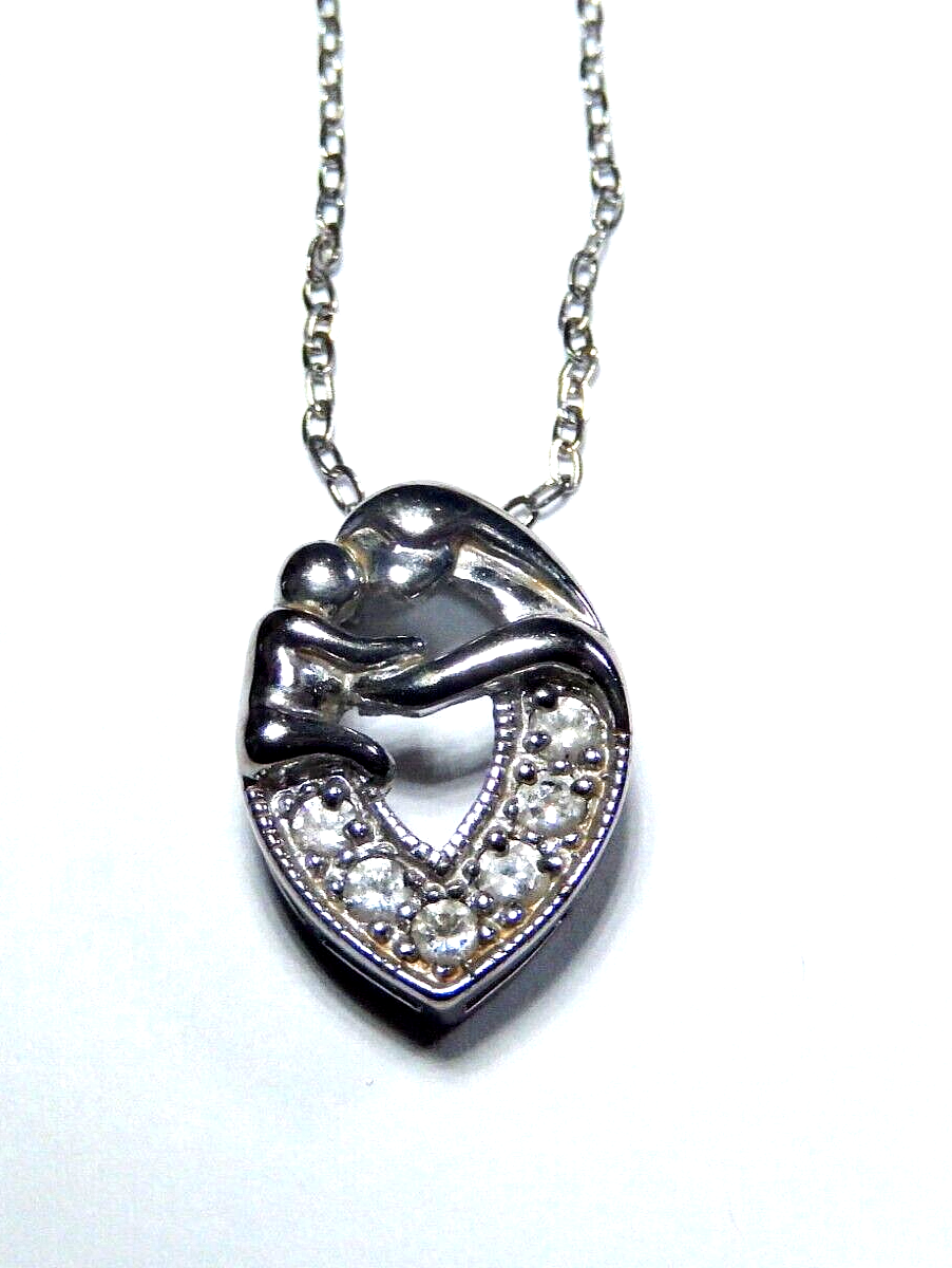 VINTAGE   Sterling Silver Mother  Child Heart CZ Pendant w 20 Sterling Chain