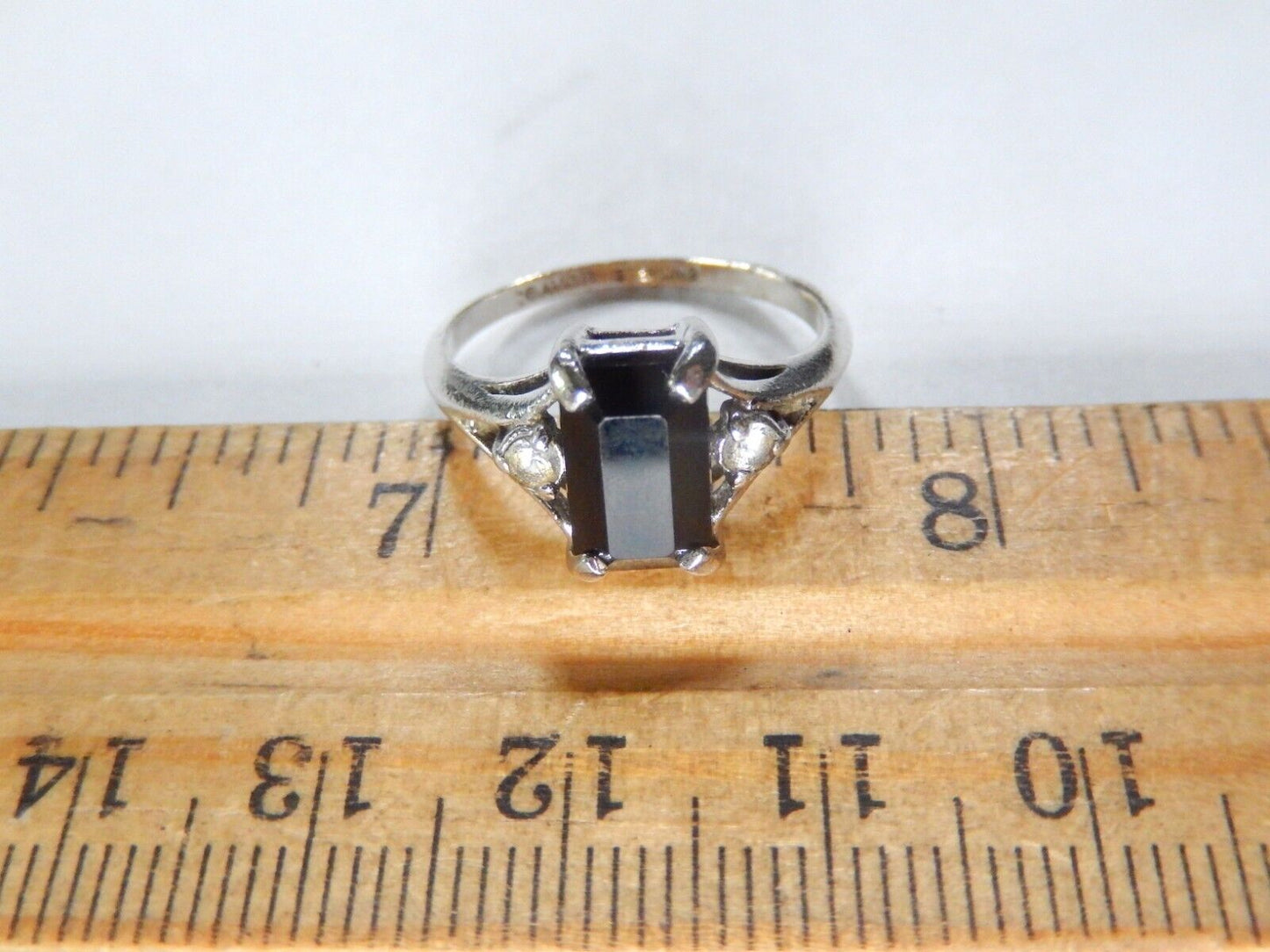 *VINTAGE*  Emerald Cut Natural Black Onyx & CZ 925 Sterling Silver Ring Sz 8