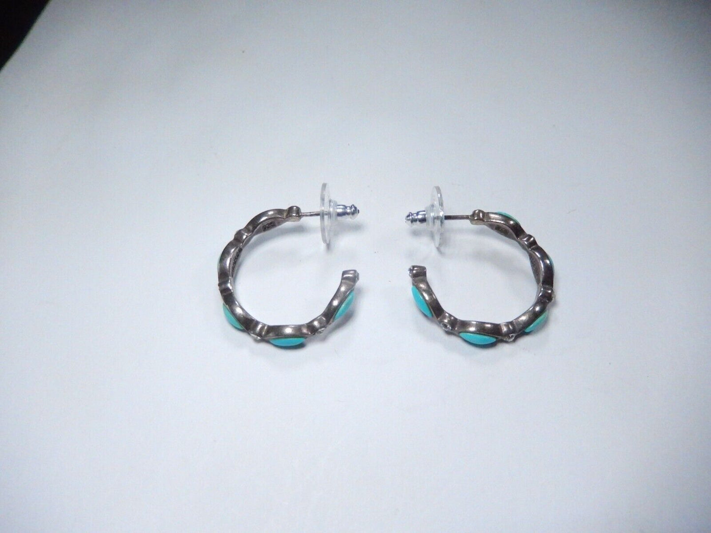 *VINTAGE*  BARSE Sterling Silver w/Turquoise & CZ Hoop Pierced Earrings