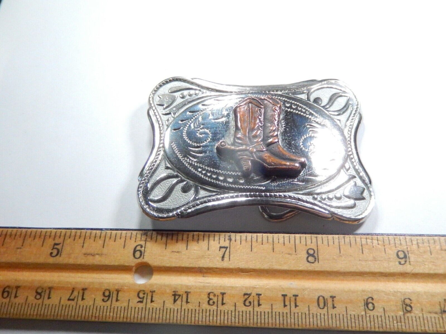 Vintage Silver Tone Copper Cowboy Boots Belt Buckle 3" x 2"