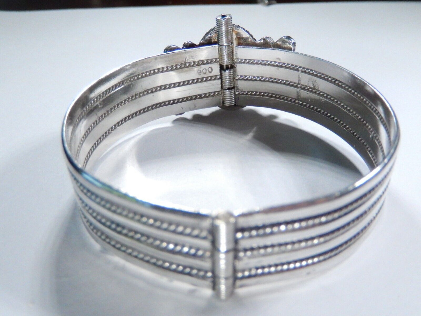 *VINTAGE*  900 SILVER - Green Aventurine Turkoman Boho Hinged Cuff Bracelet 37gm