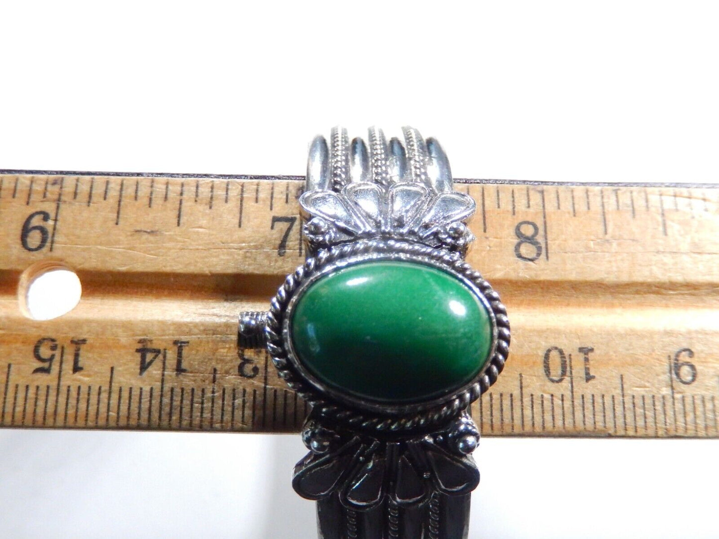 *VINTAGE*  900 SILVER - Green Aventurine Turkoman Boho Hinged Cuff Bracelet 37gm