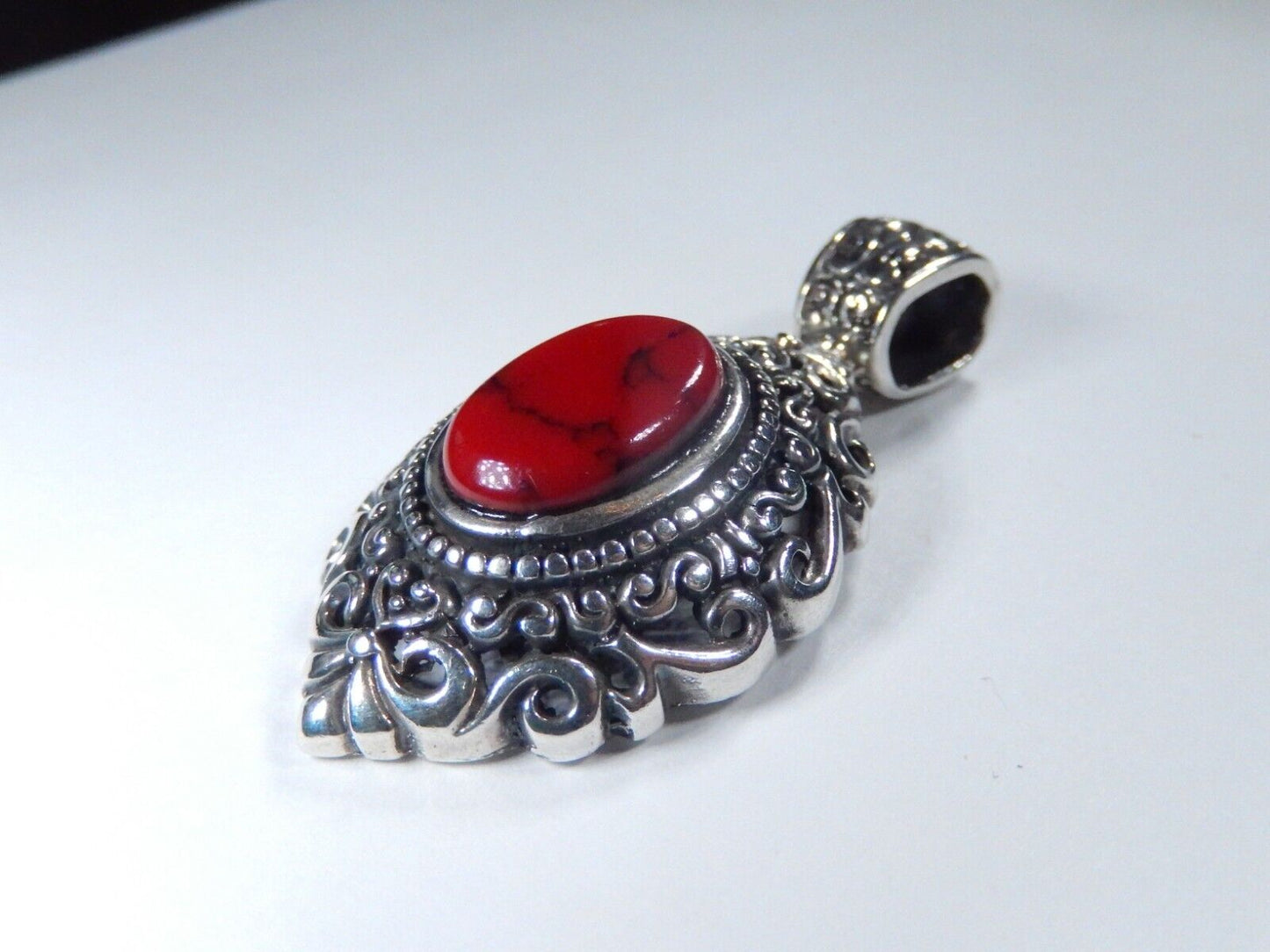 VINTAGE MEXICO - Large Red Jasper Sterling Silver Filigree Pendant w/Large Bail