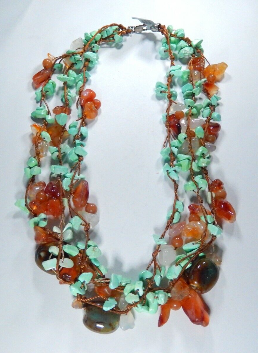 Three Strand Turquoise Stone And Glass Bead Sterling Silver Necklace - 18"