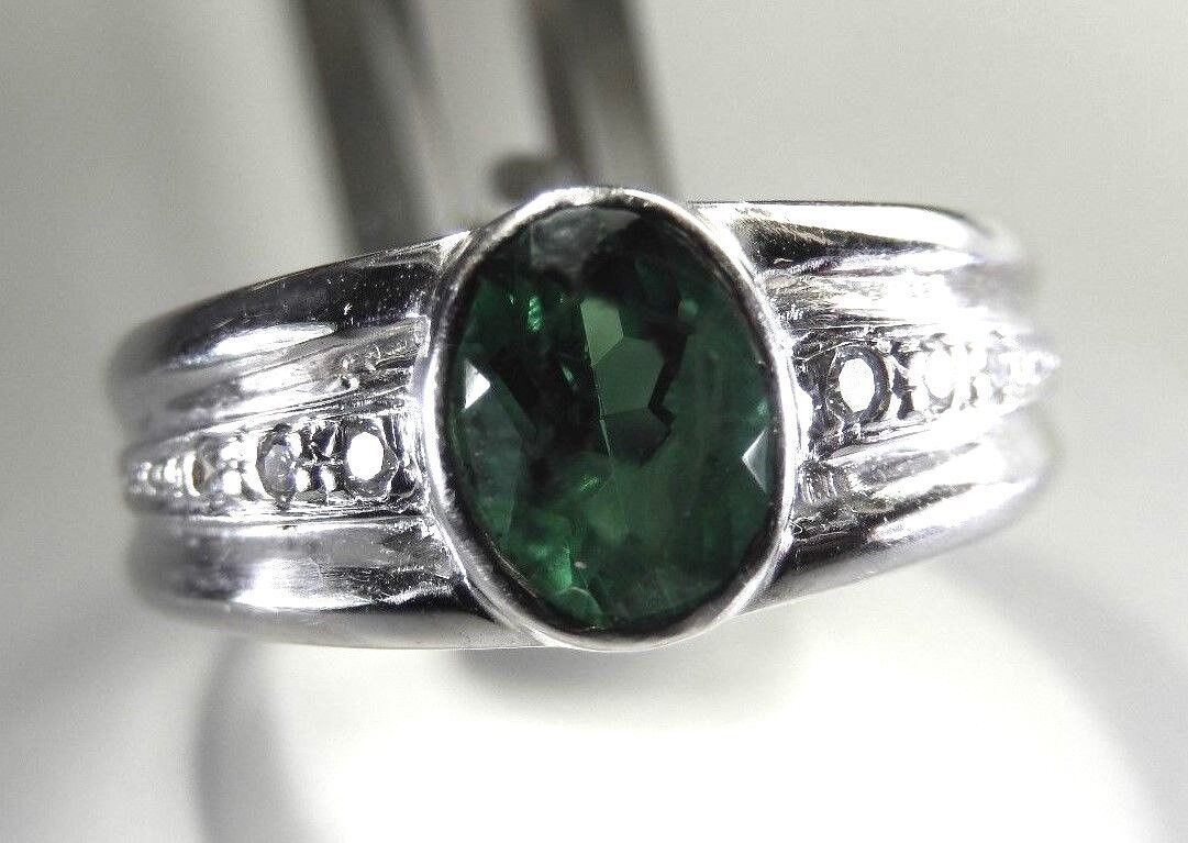 Lab Created Emerald & Round Diamond Bezel Set Ring 14k White Gold Size 7.5