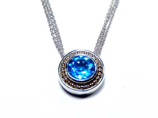 10mm RD Blue Topaz 14K Yellow Gold 925 Sterling Silver Pendant 3 Strand Necklace