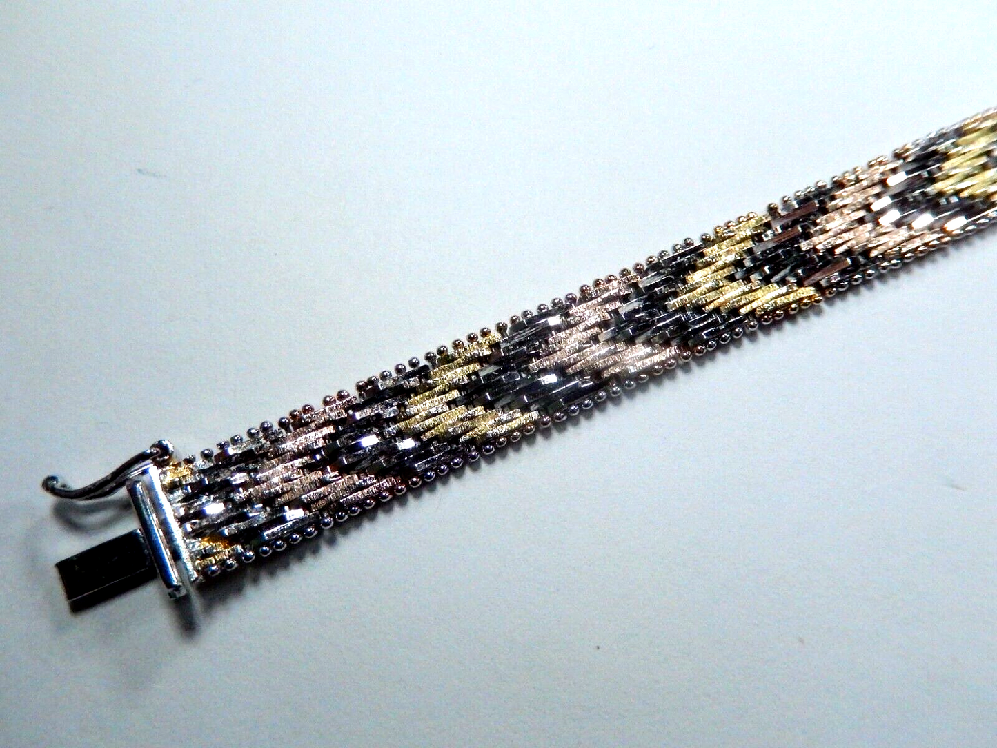 Sterling Silver 925 Tri-Color Gold Chevron Italy Bracelet 9.5mm Wide 21.1 gm -7"