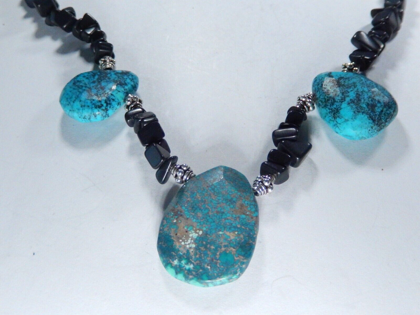Sterling Silver Turquoise Teardrops and Black Onyx Beaded 17” Necklace