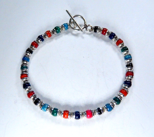 *VINTAGE* Multi Gemstone Beads w/ Sterling Bead Caps &Toggle Clasp Bracelet 7.5"