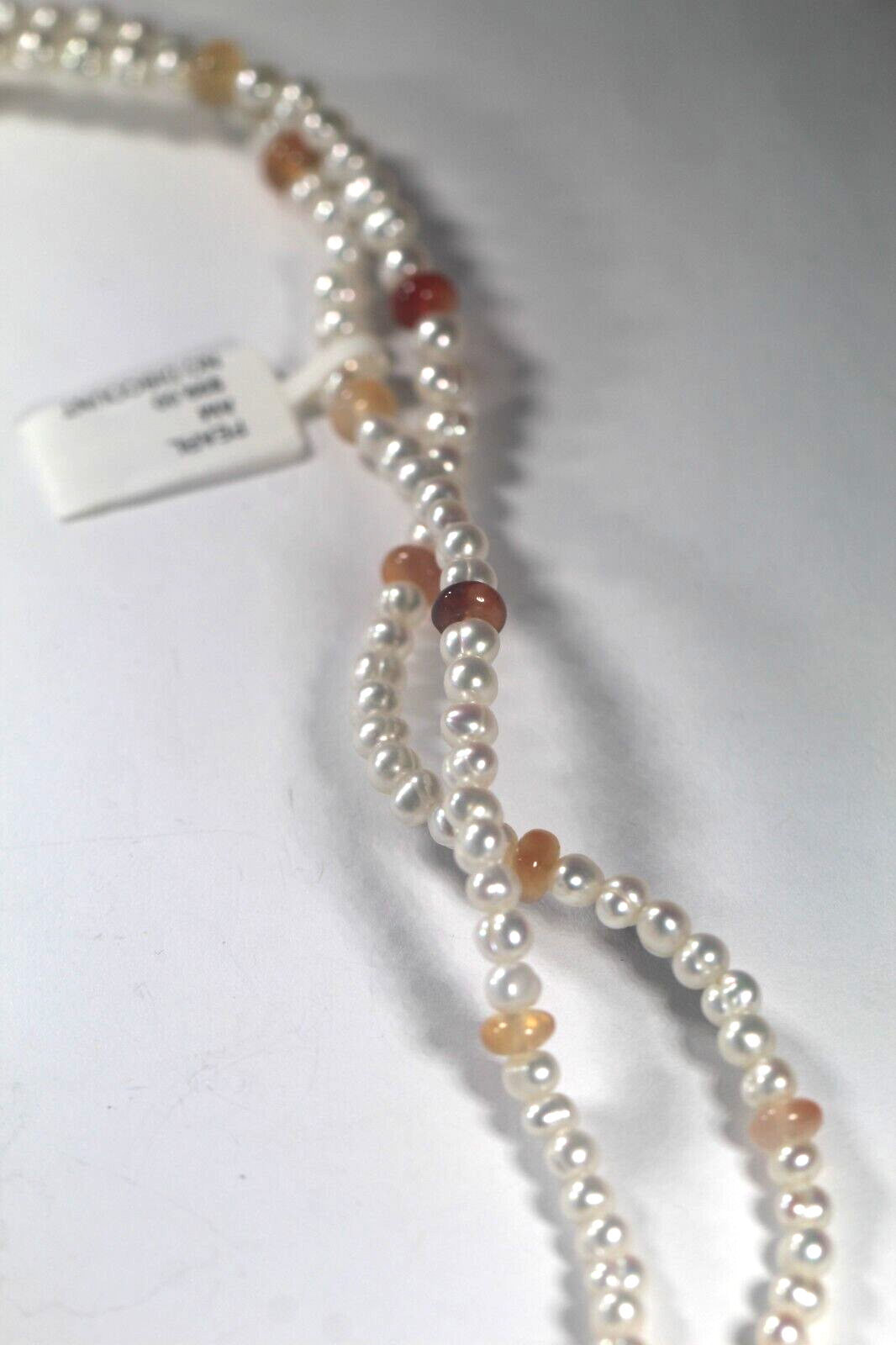 Long 36" Real 4-5mm White Baroque Pearl & Orange Gemstone Beads Necklace