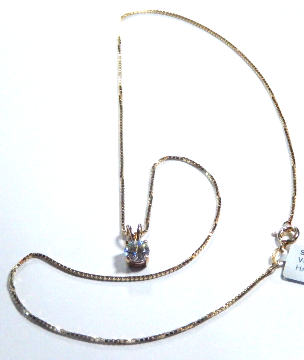 Gold Vermeil 100 CT CZ Solitaire Pendant  18 Gold Vermeil Box Chain Necklace