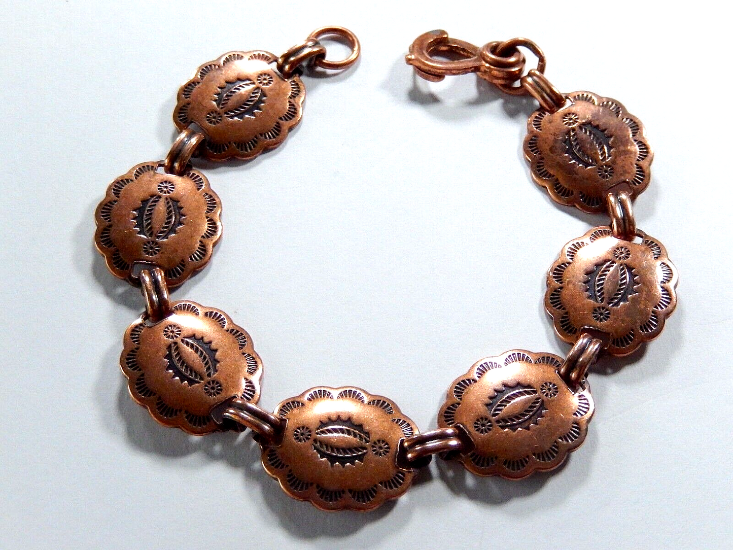 Vintage Southwest Copper Stamped Concho 7 Links Bracelet 7.25" Length