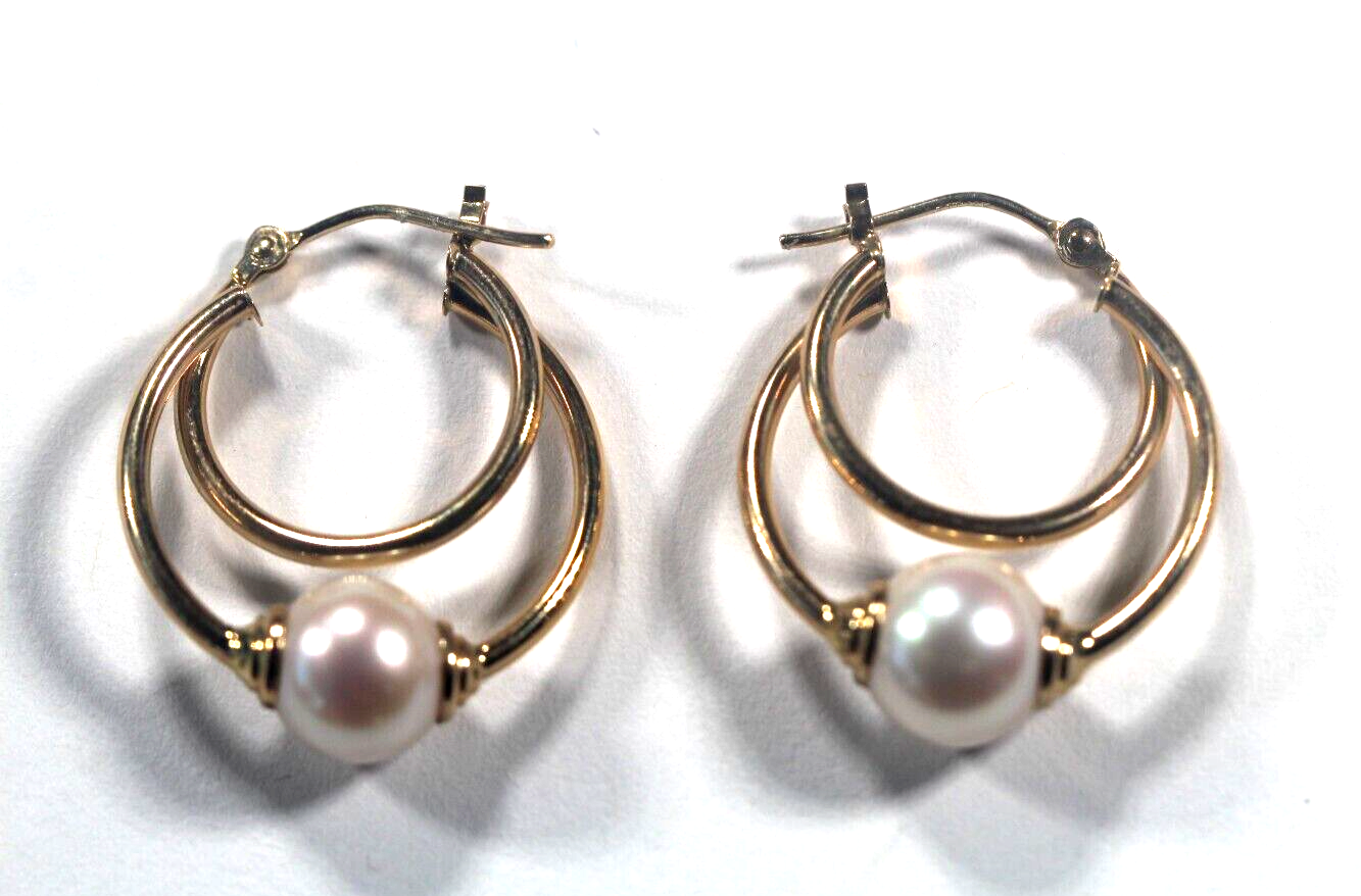 Solid 14K Yellow Gold 20 mm Double Hoop 8 mm Round Pearl Earrings