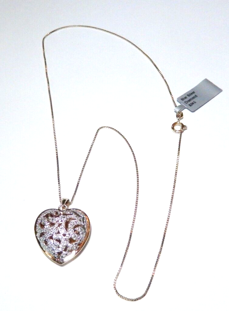 VINTAGE Gold Vermeil 925 Filigree Puffed Heart Diamond Pendant w18 Chain