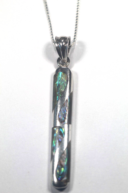 *VINTAGE*  Sterling Silver Abalone Shell Long Oval Pendant w/20" Ster. Box Chain