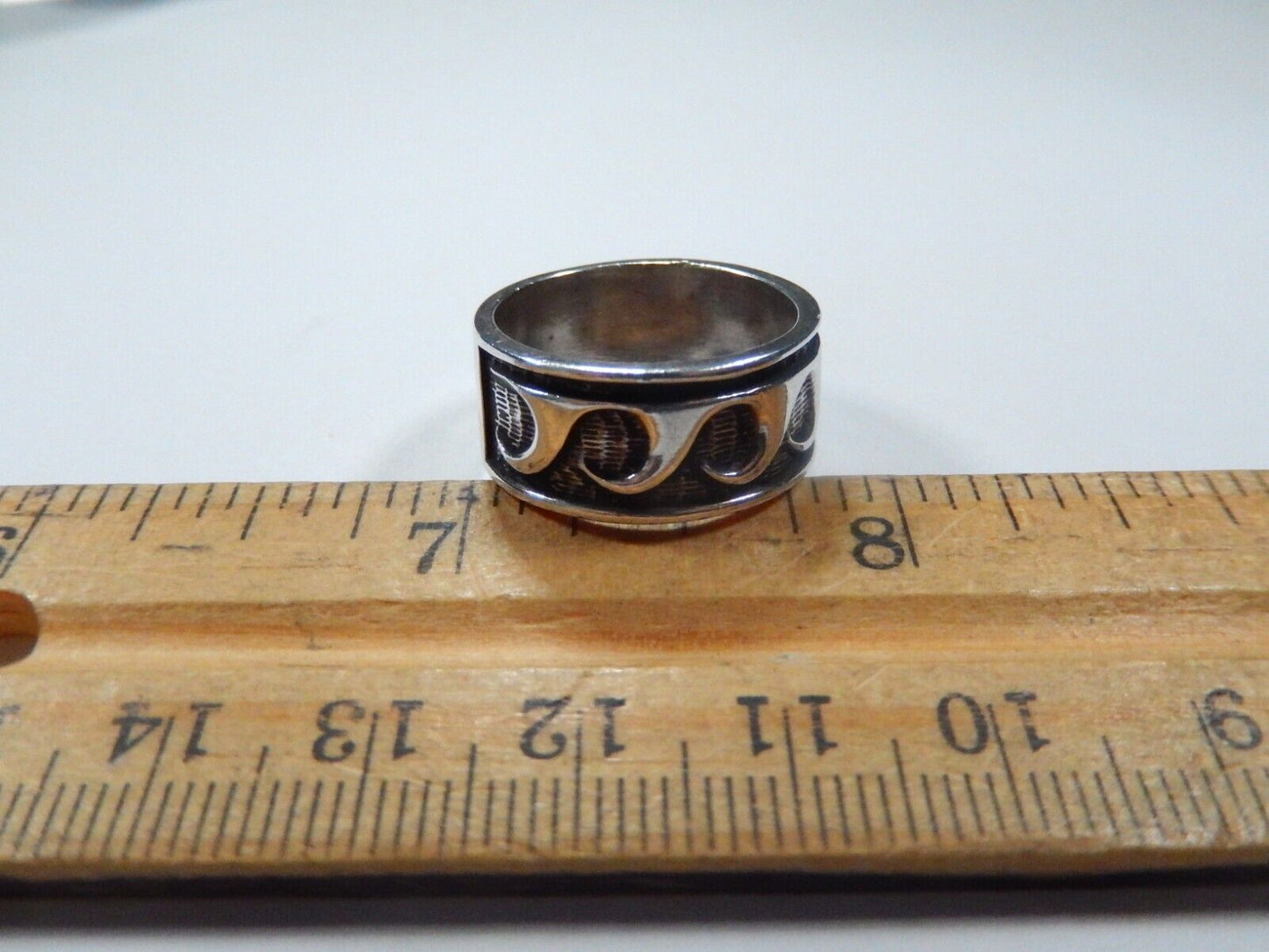 *VINTAGE* 925 Sterling Silver Southwestern 9.25mm Wide Band Ocean Wave Ring 7.5