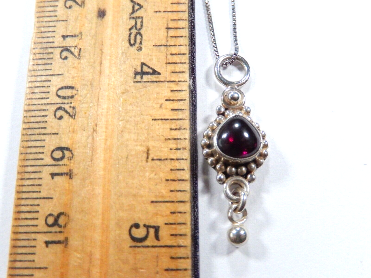 BOHO Solid 925 Sterling Silver Beaded Red Garnet Teardrop Pendant w/16" Chain