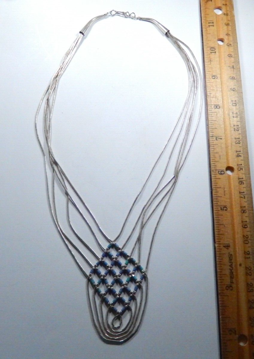 VINTAGE SOUTHWESTERN STERLING SILVER AND TURQUOISE LIQUID SILVER MESH NECKLACE