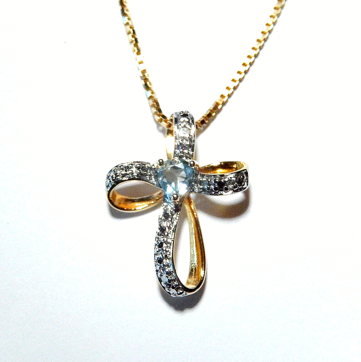 NWT Gold Vermeil 925 Blue Topaz  Diamond Cross Pendant  18 Vermeil Chain