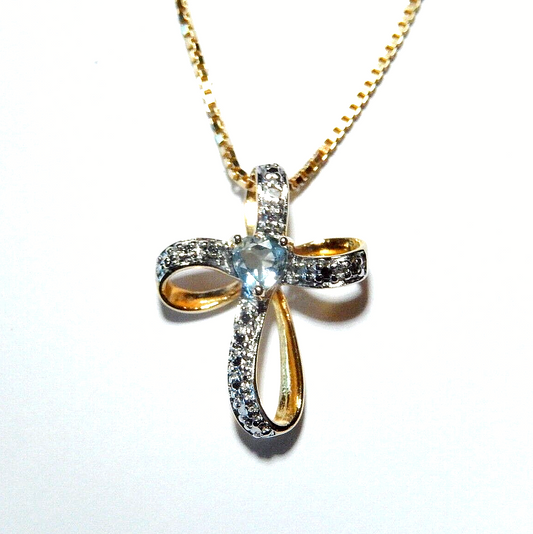 NWT Gold Vermeil 925 Blue Topaz  Diamond Cross Pendant  18 Vermeil Chain