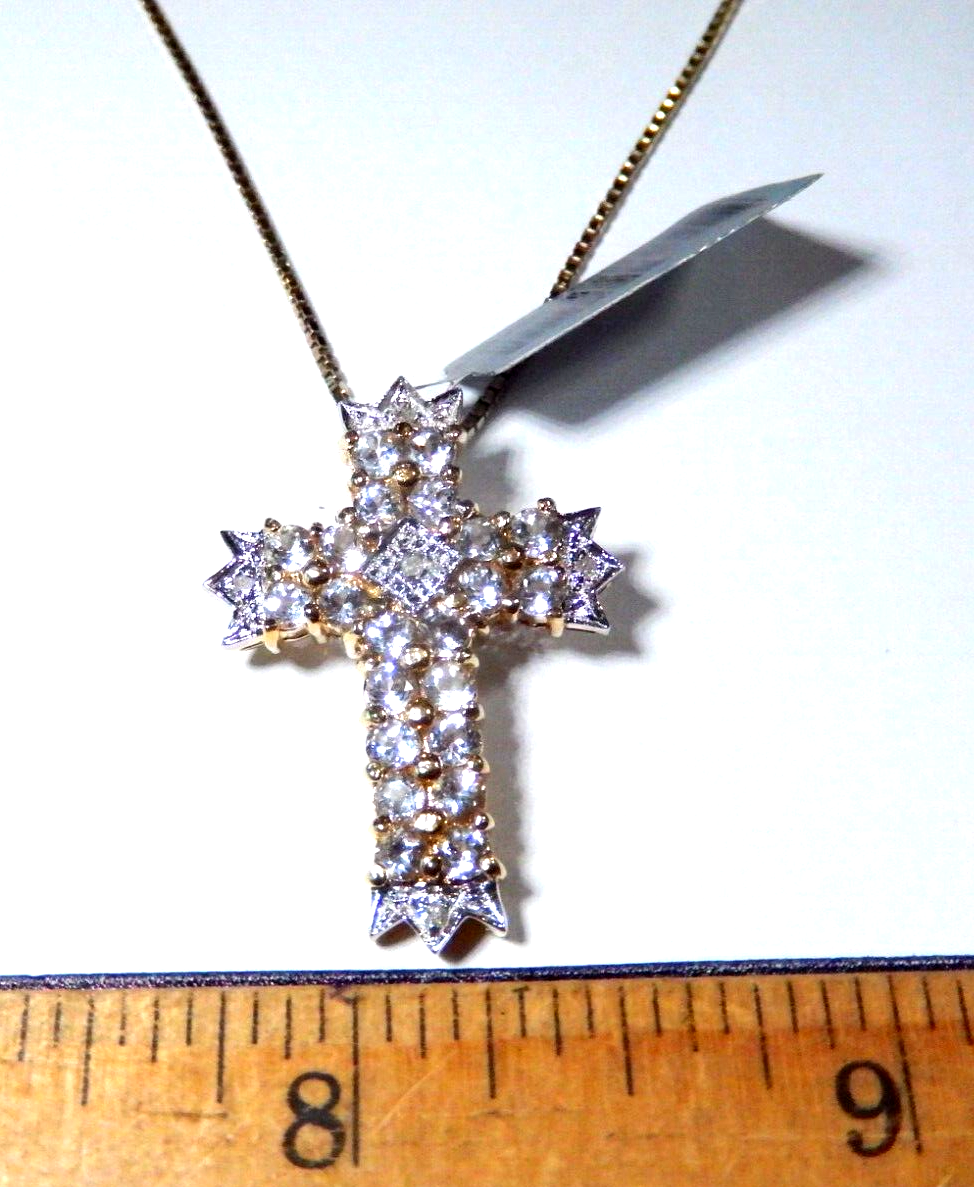 Gold 925 Vermeil Diamond  Aquamarine Cross Pendant w 24 Vermeil Box Chain