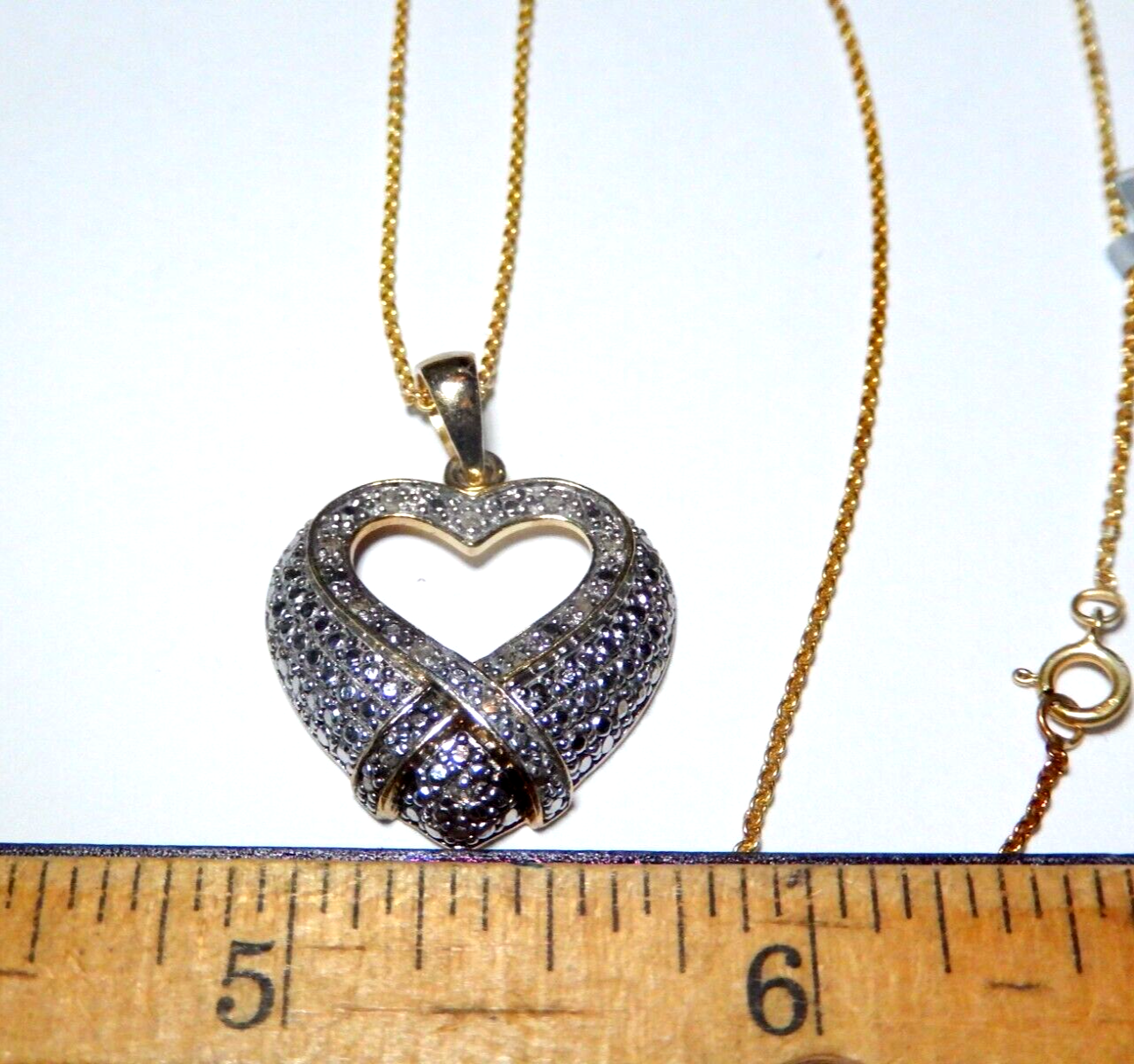 VINTAGE  Gold Vermeil 925 Heart 17 Diamond Pendant w 18 Gold Vermeil Chain
