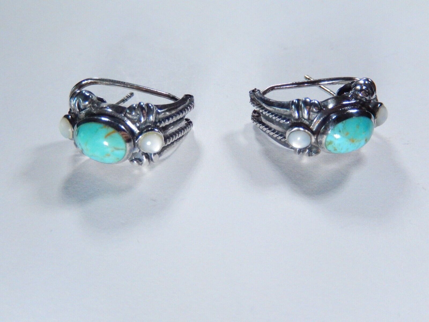 Southwestern Sterling 925 Silver Turquoise & Mother of Pearl Lever Back Earrings