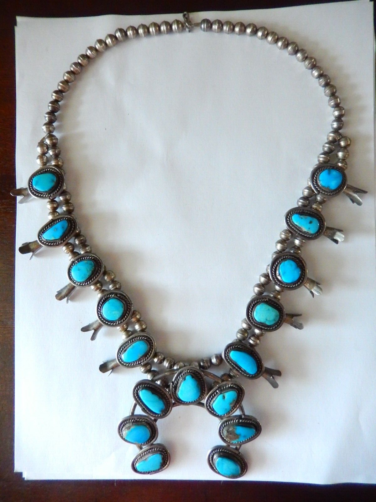 Vintage Navajo Sterling Silver & Turquoise Squash Blossom Necklace 155 gm - 24"