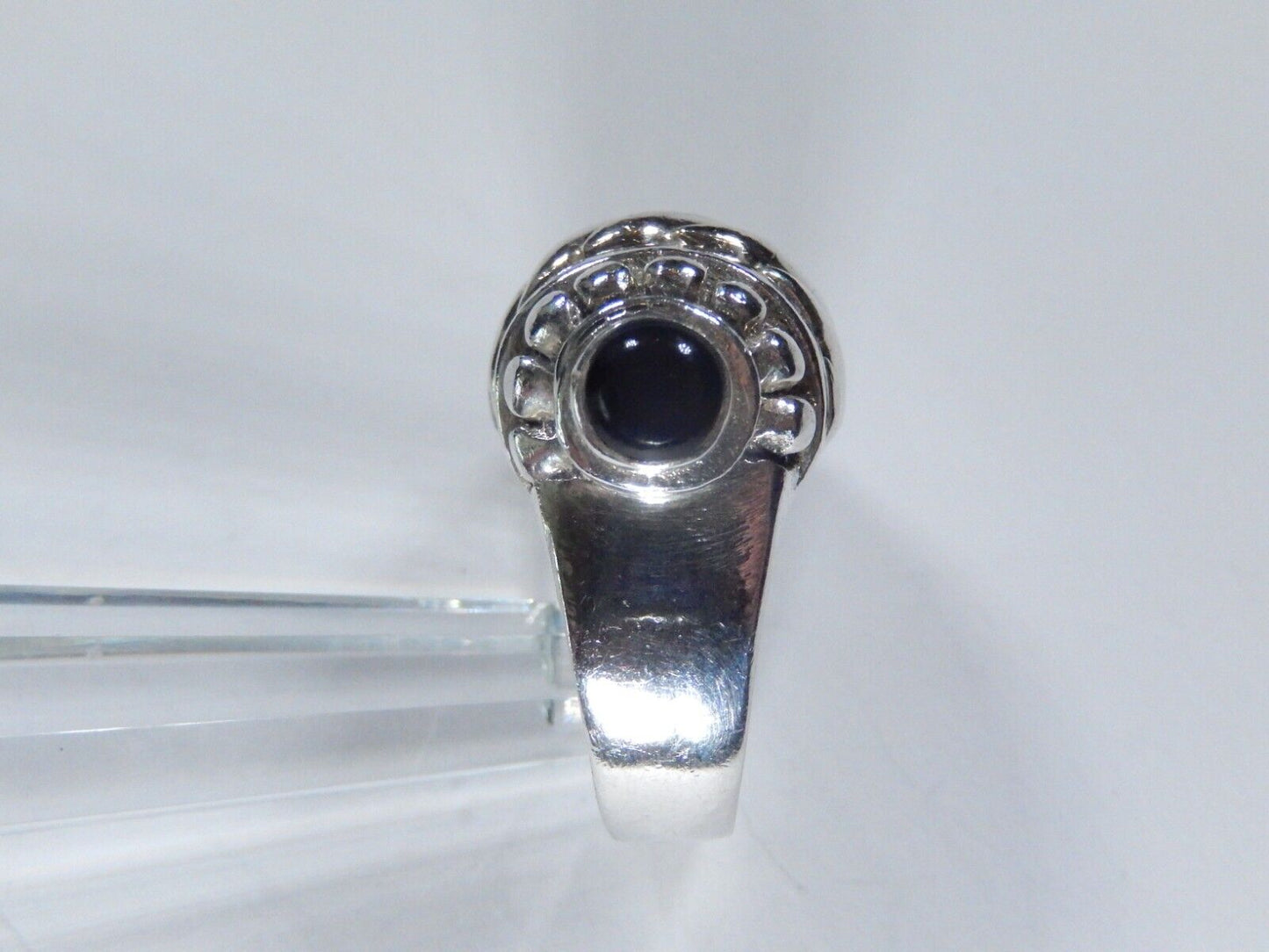 VINTAGE LARGE HEAVY BLACK ONYX STERLING SILVER 925 RIBBED RETRO RING Size 7