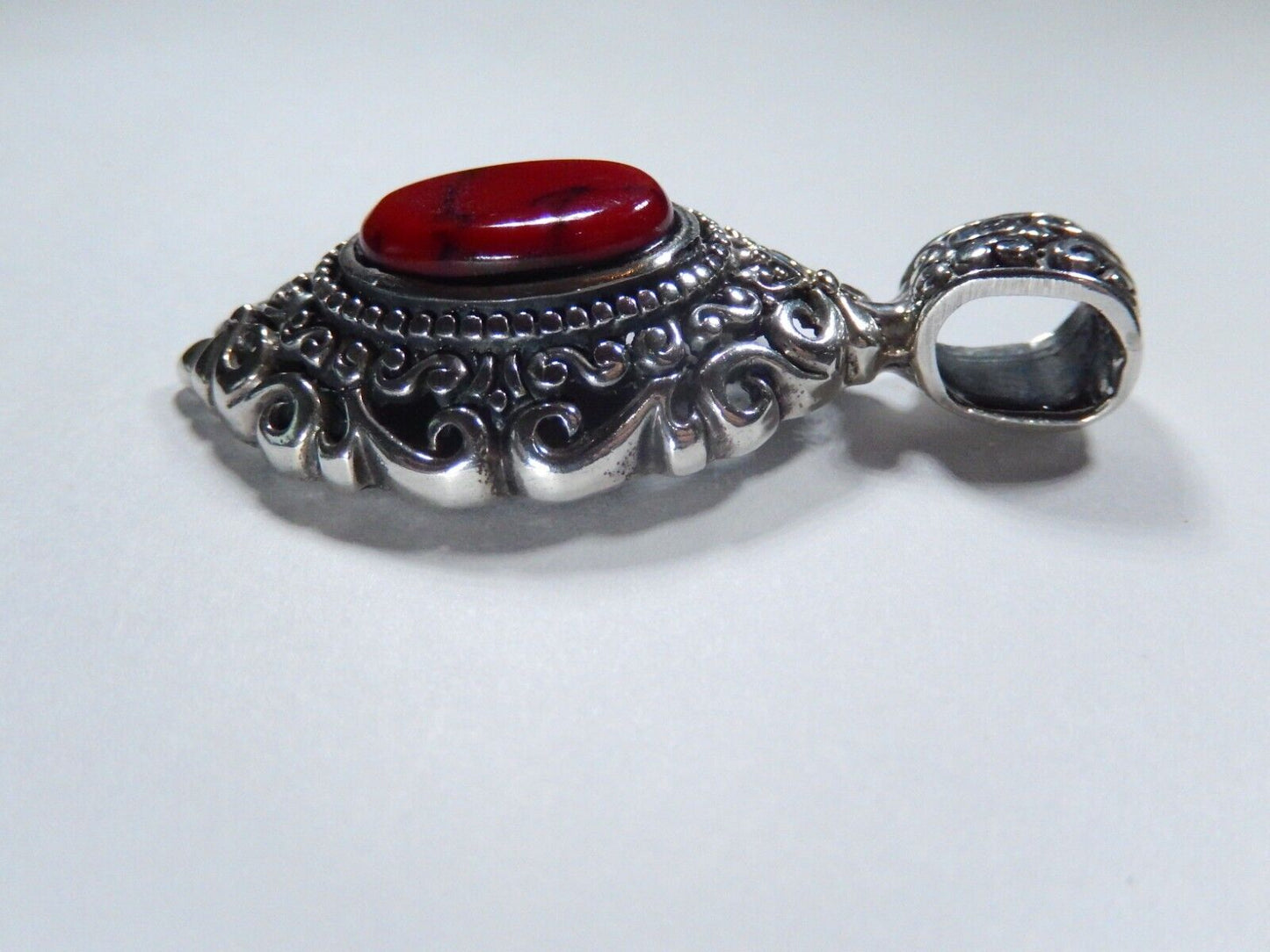 VINTAGE MEXICO - Large Red Jasper Sterling Silver Filigree Pendant w/Large Bail