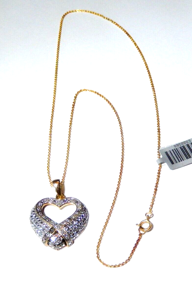 VINTAGE  Gold Vermeil 925 Heart 17 Diamond Pendant w 18 Gold Vermeil Chain